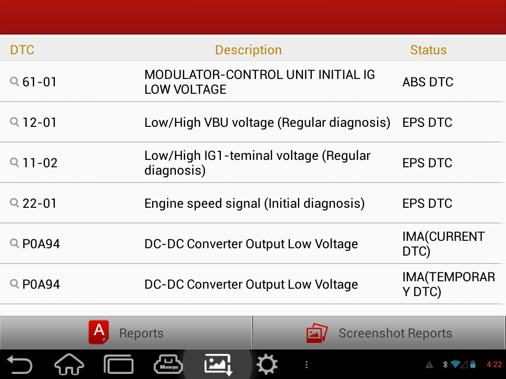 Note attachment | Scan report showing fault codes on a 2006 Honda Civic Hybrid after IMA battery failure